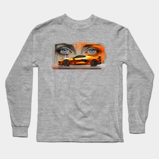 Amplify Orange C8 Corvette Stingray Sebring Orange Supercar in front of a wall of graffiti with blue eyes looking back at you Sports car American Muscle car race car Long Sleeve T-Shirt